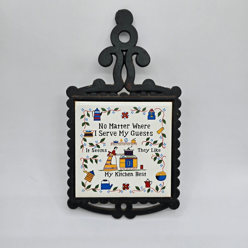 Vintage Cast Iron Trivet Ceramic Tile Kitchen Japan Folk Art Wall Plaque Granny